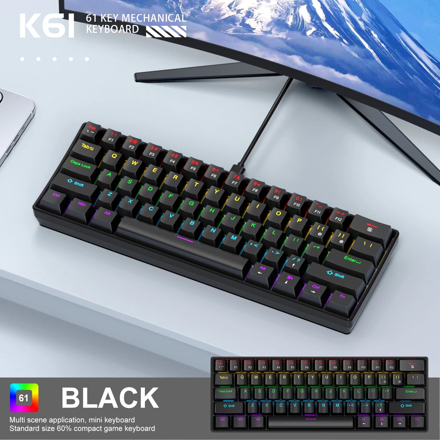 K61 60% Wired Mechanical Gaming Keyboard, 61 Keys Mini Layout, RGB Backlit, Red/Blue Switch, Portable for PC Laptop